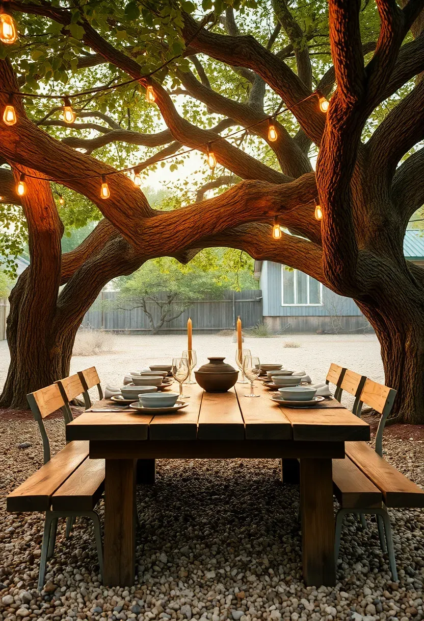 Outdoor dining table beneath a large mesquite tree with dappled shade, string lights, and a rustic Texas ranch atmosphere