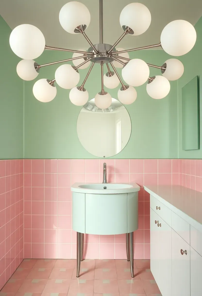 Mid-century sputnik chandelier with frosted white globe bulbs in a retro-styled bathroom with pastel tile