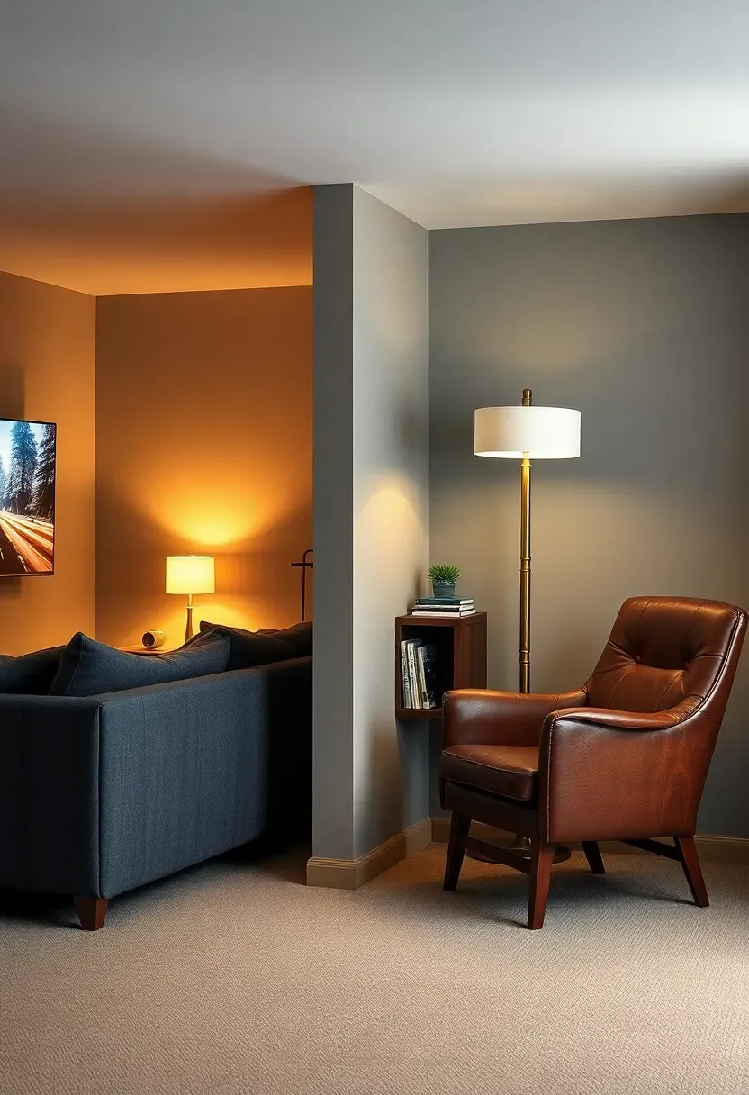 Basement split into two zones with a tv viewing area on the left featuring a deep sofa and wall-mounted screen, and a cozy reading nook on the right with a floor lamp, armchair, and small bookshelf, divided by a low half wall