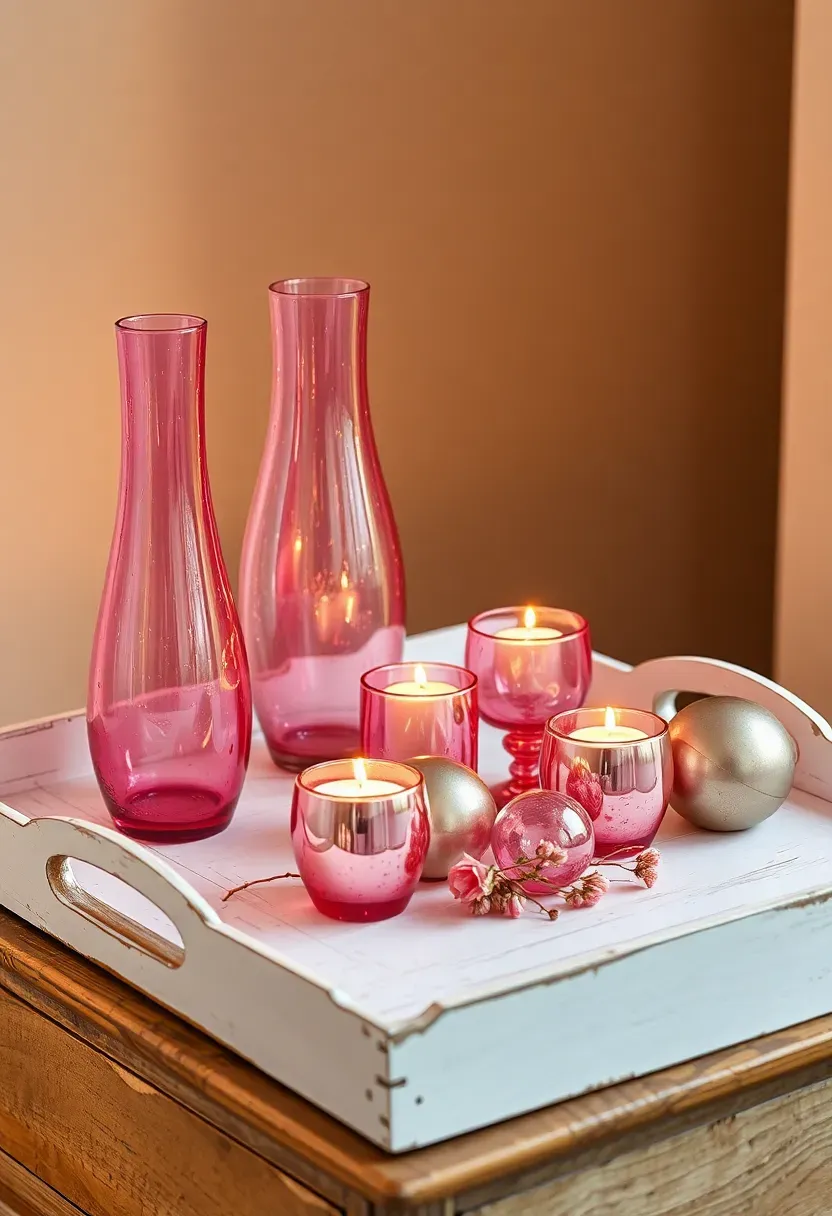 Collection of pink mercury glass vases and candleholders on a distressed white tray on a bedroom dresser