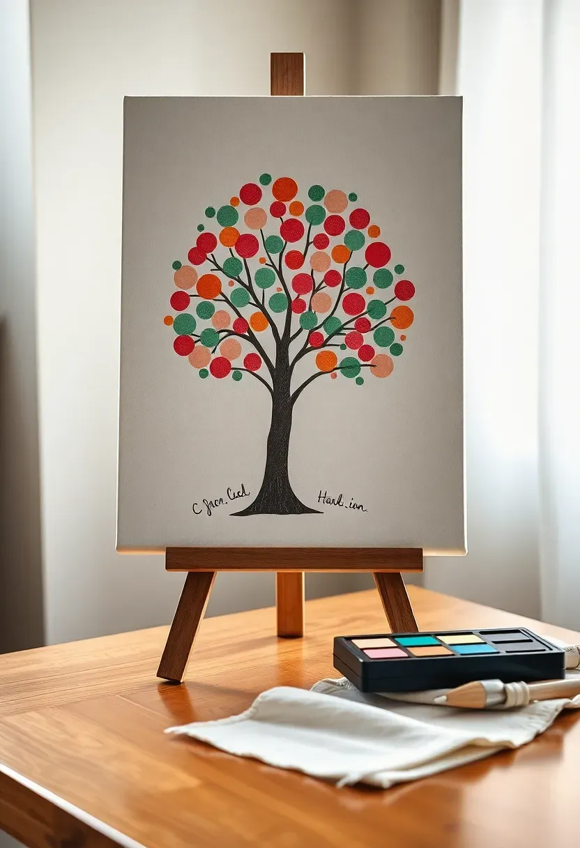 fingerprint tree guest book canvas print at a baby shower with guests colorful thumbprints forming the leaves of an illustrated tree with names written beneath each print