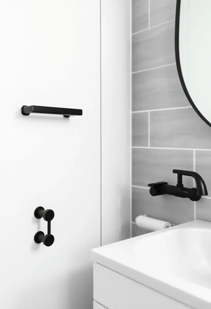 Matte black faucet, towel ring, and cabinet hardware as accent details against white tiles in a simple modern bathroom