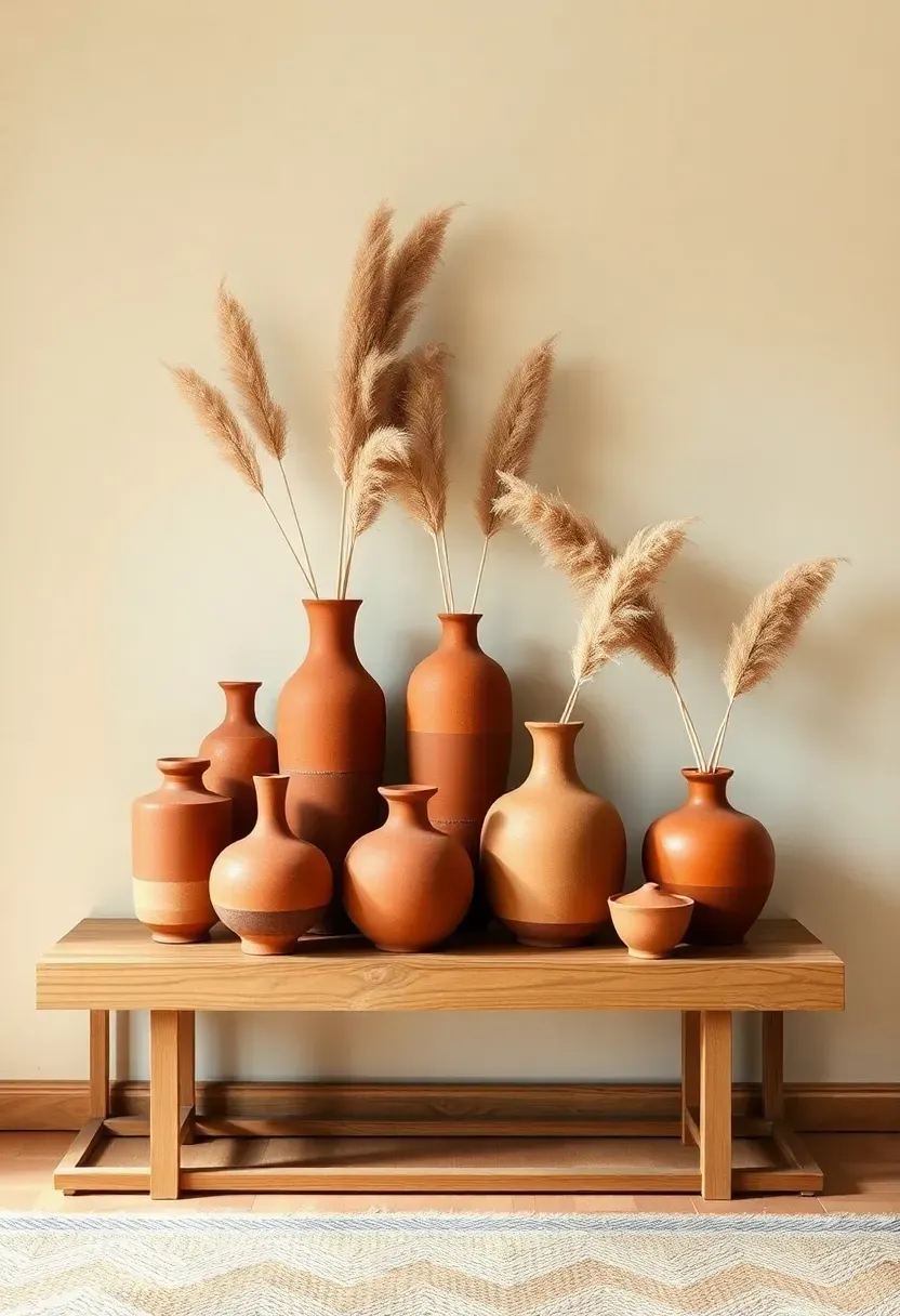 Hyper-realistic 3/4 view of an earthy boho living room showing a wooden console table displaying a collection of terracotta vases—seven vases in varied shapes including tall cylinder forms, rounded bulbous vases, and small bud vases, some holding dried pampas grass plumes while others stand empty. Natural wood console with visible grain. Warm cream wall behind. Materials: terracotta vases with visible natural variation and surface texture, dried pampas grass with fluffy plumes, natural wood console table, warm cream walls, jute rug visible below. Natural daylight emphasizing the warm terracotta color and organic vase forms. Sculptural collection arrangement. Shallow depth of field showing vases and console foreground with room context beyond. No text, no logos, no watermarks.</p>
