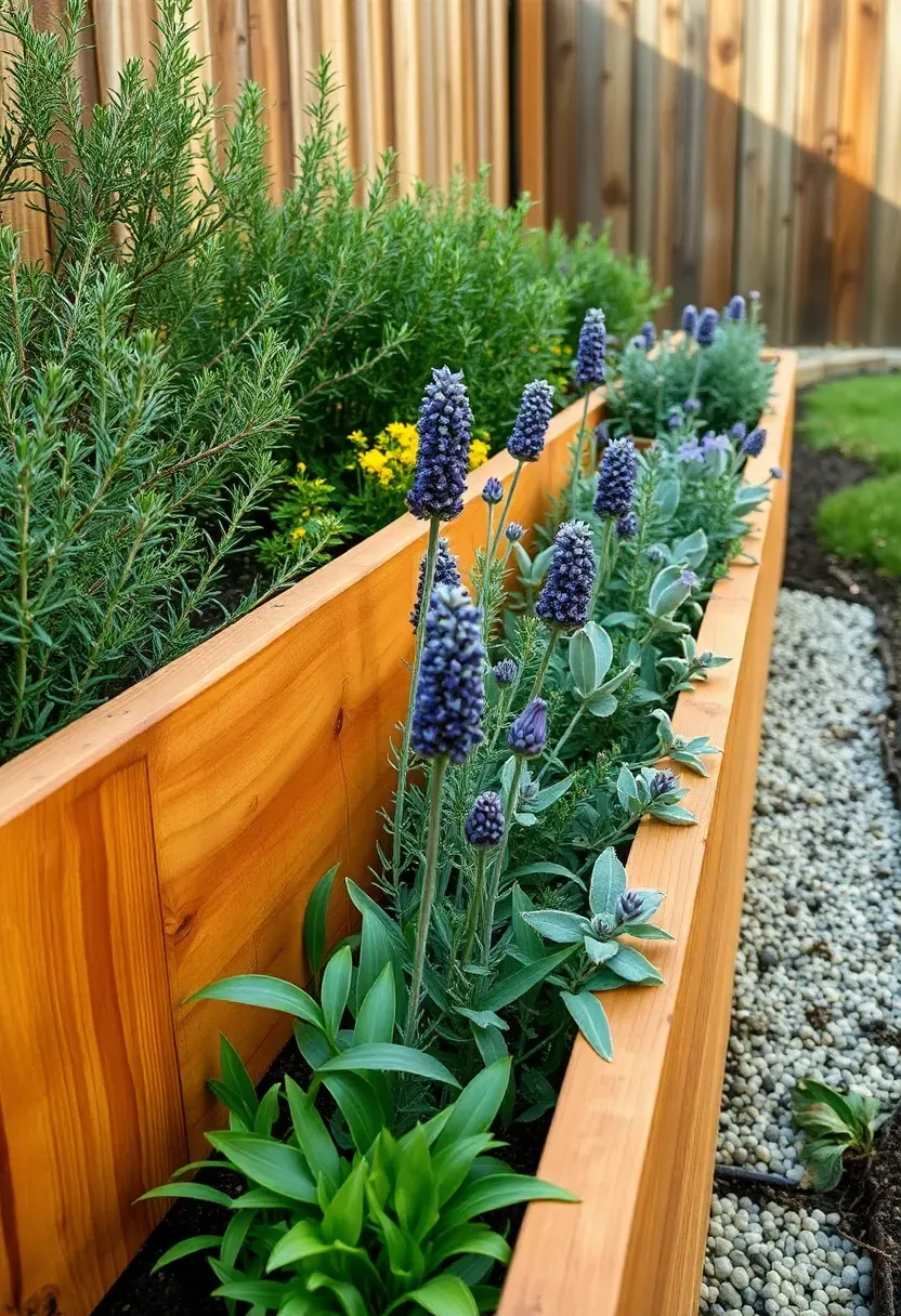 Raised cedar planter box border along a fence line filled with rosemary, thyme, lavender, and sage with gravel mulch between plants