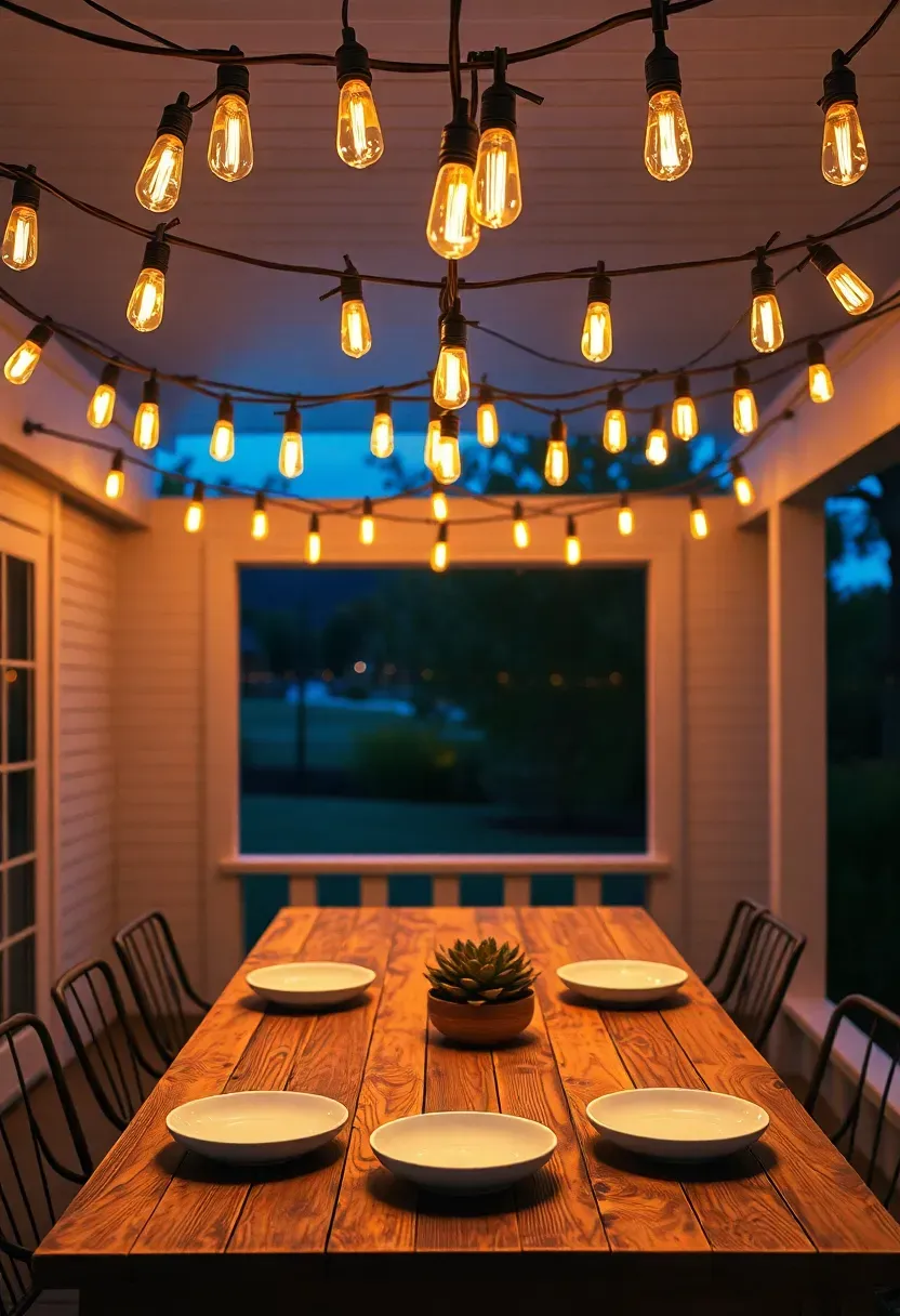 Porch ceiling covered with warm string lights creating a canopy glow above outdoor dining furniture