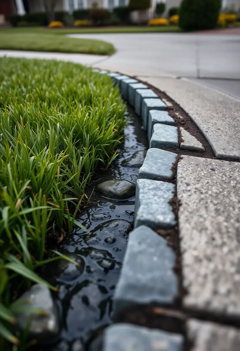 Stormwater management swale with grass-lined channel, native sedge plantings, granite stone check dams, and a concrete driveway apron at entry