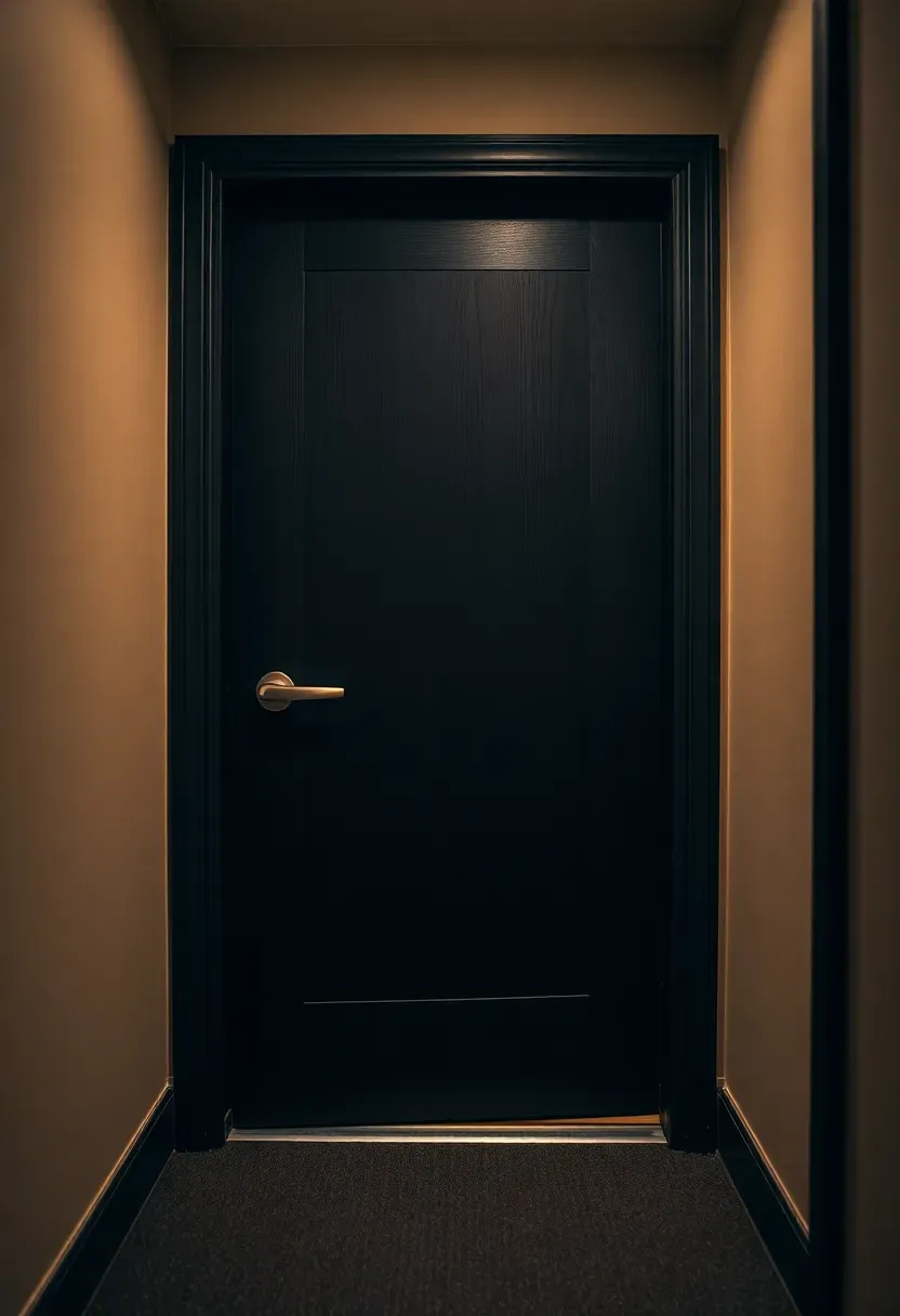 A thick solid-core door with acoustic seals around all four edges at the entrance to a basement recording studio