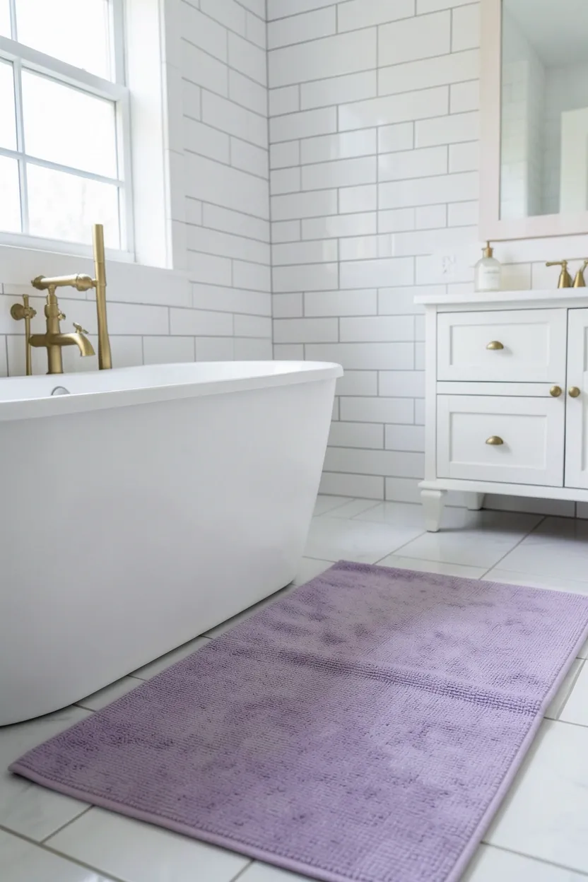 Hyper-realistic eye-level photograph of a modern colorful bathroom floor showing lavender bath mat with subtle texture, white subway tile walls, white freestanding tub, brass fixtures, white vanity in background. Natural light. Materials: lavender cotton or microfiber mat with woven texture, white ceramic tiles, porcelain tub, brass fixtures, white wood. Soft lavender bath mat. Calming spa-like feel. No text, no logos, no watermarks.