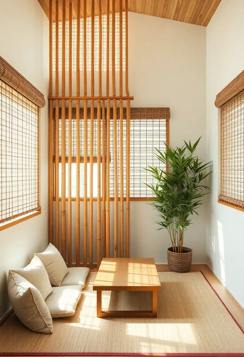 Hyper-realistic wide shot of Japanese tiny house living area with bamboo accents. Vertical bamboo poles as room divider (partial screen), bamboo roll-up blinds on windows, bamboo plant in corner. Living area features low table, floor cushions, tatami flooring. Materials: natural bamboo poles, cream tatami, light wood furniture, white walls. Bright natural light through bamboo blinds, creating organic shadow patterns. Shallow depth of field showing bamboo texture and joint details. Natural Japanese minimalist mood with botanical elements.</p>