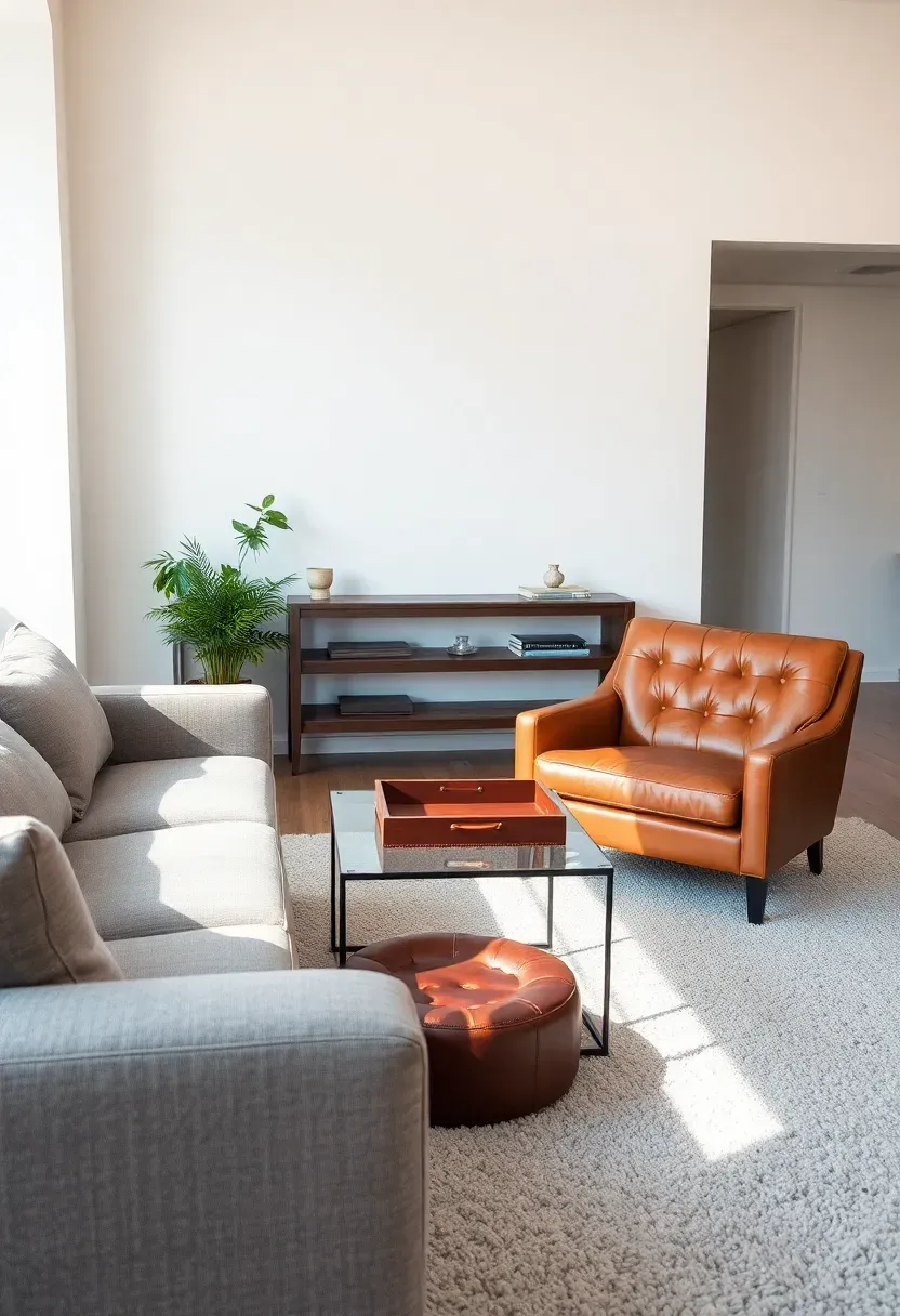 Hyper-realistic 3/4 view of minimalist living room with medium gray sofa, cognac brown leather armchair with visible stitching, glass coffee table with leather valet tray, white walls, light gray rug. Materials: smooth gray fabric, full-grain leather with subtle sheen, clear glass, white plaster, plush wool rug. Warm natural light (4500K), soft shadows, rich material contrast. Sophisticated minimalist mood, shallow depth of field, sharp details showing fabric and leather textures, material focus, no clutter, no text, no watermarks.</p>