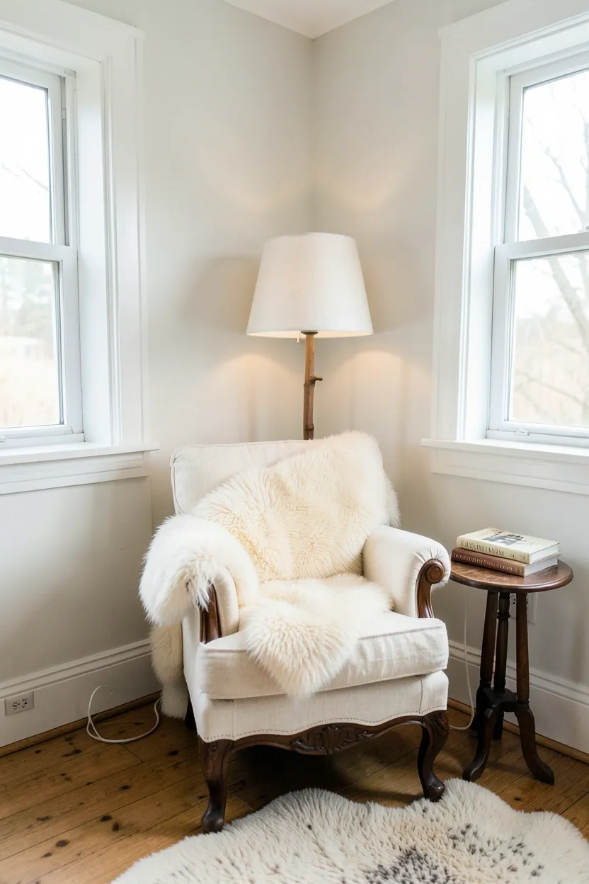 Cozy reading nook with linen upholstered armchair and sheepskin throw beside a bright window in a scandinavian farmhouse bedroom