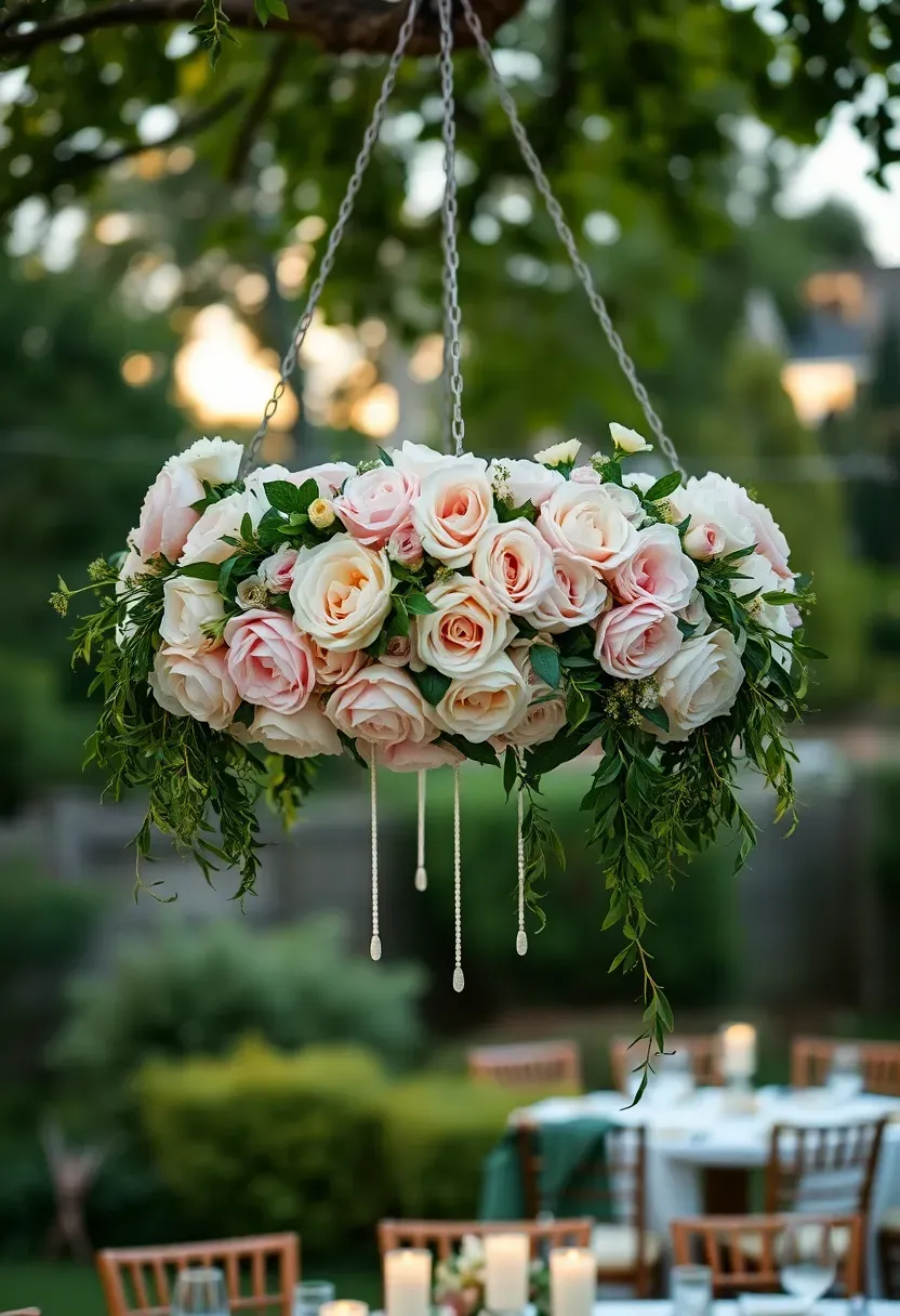 A hanging floral chandelier made of roses, peonies, and trailing greenery suspended above a head table at a backyard wedding reception