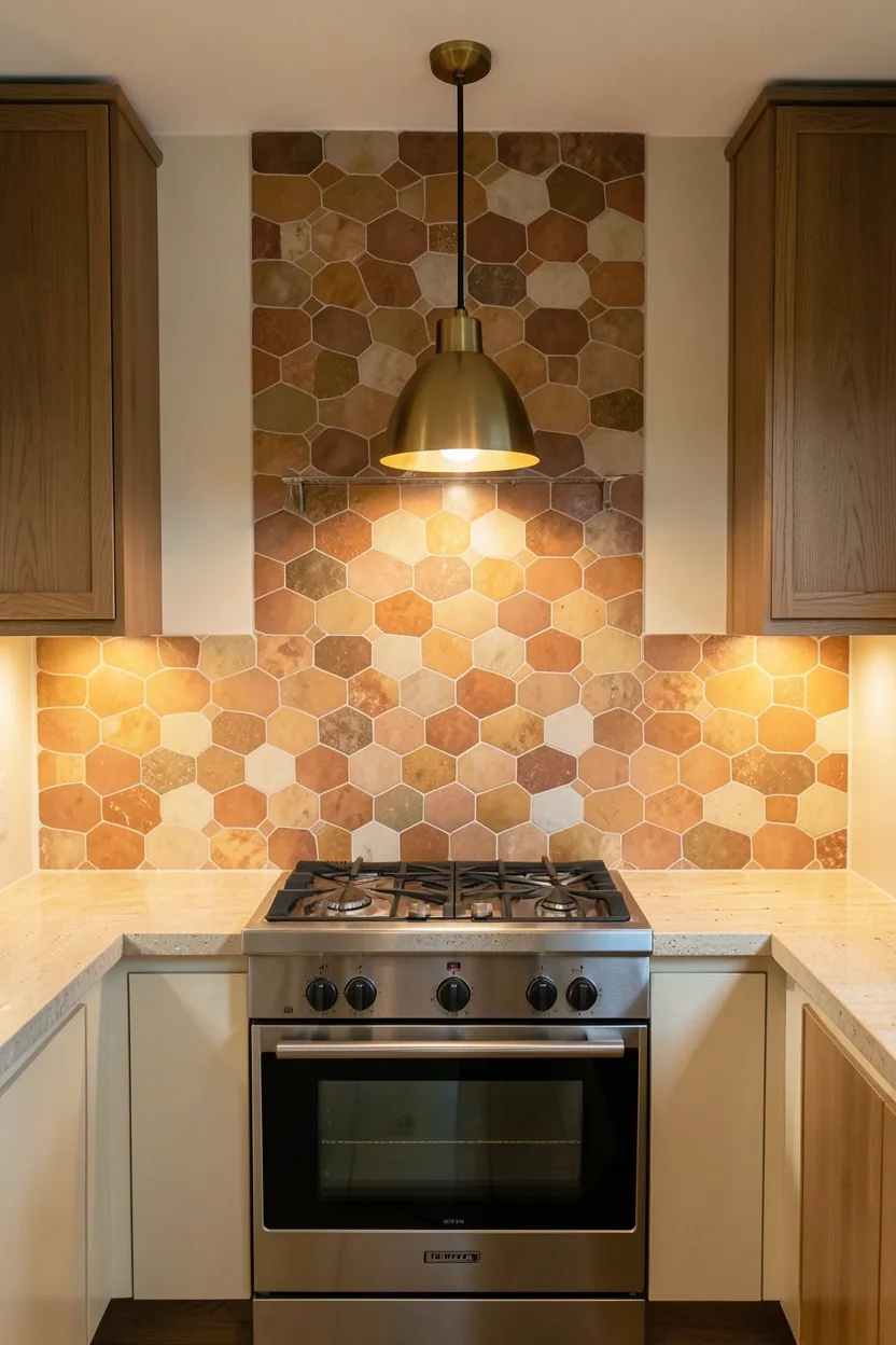 Hyper-realistic eye-level photograph of a kitchen with vertical tile feature wall. Wall behind stove features hexagonal terracotta tiles arranged in geometric pattern extending from counter to ceiling. Terracotta tiles in warm burnt orange and cream tones create dramatic autumnal focal point. Surrounding walls in neutral cream. Upper cabinets in warm walnut flank the tile feature. Honed travertine countertop provides neutral base. Warm brass pendant lights over stove highlight terracotta colors. Warm ambient lighting emphasizes tile pattern and warm tones. Clean, uncluttered cooking area. No text, no logos, no watermarks.</p>