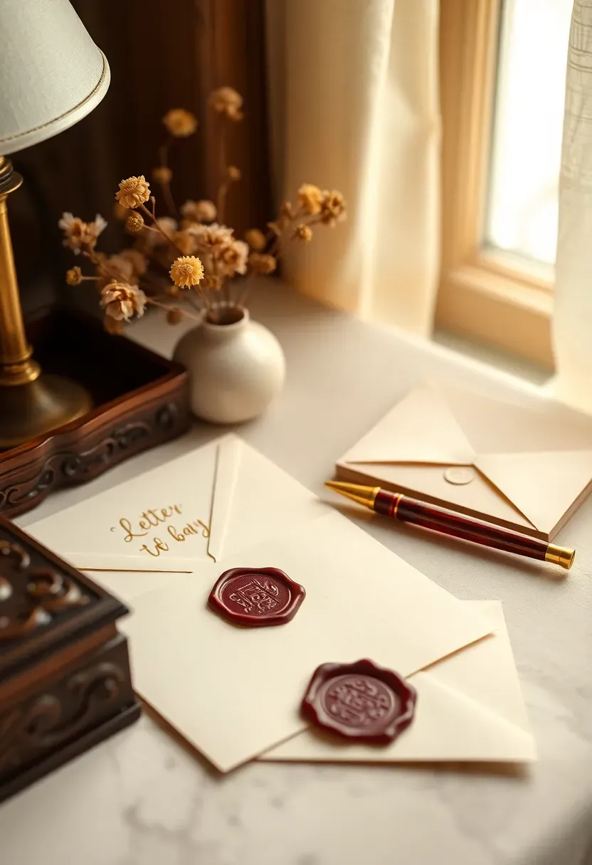 letter to baby keepsake station at shower with stationery envelopes and decorative box