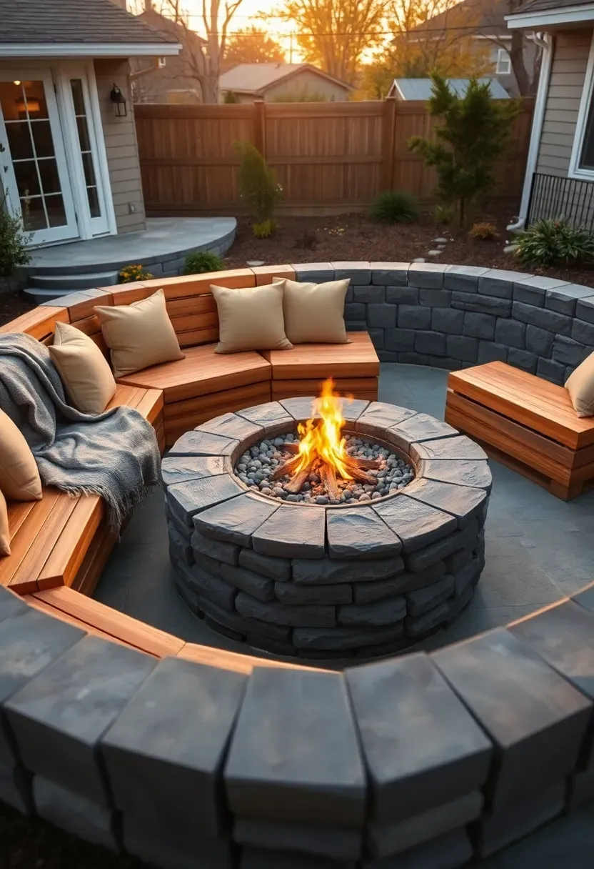 L-shaped built-in wooden bench with cushions around a fire pit in a renovated backyard setting