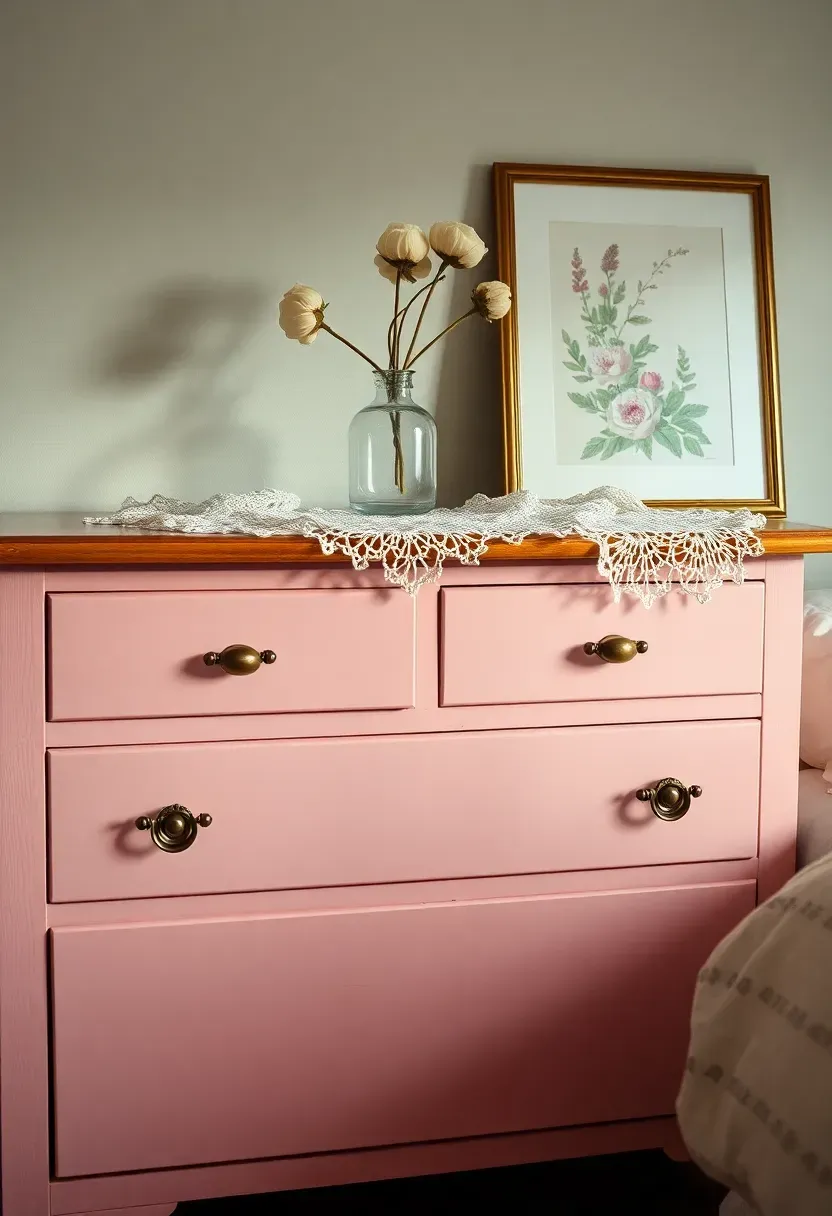 Vintage dresser painted in soft rose pink with ornate brass drawer pulls and a lace runner on top
