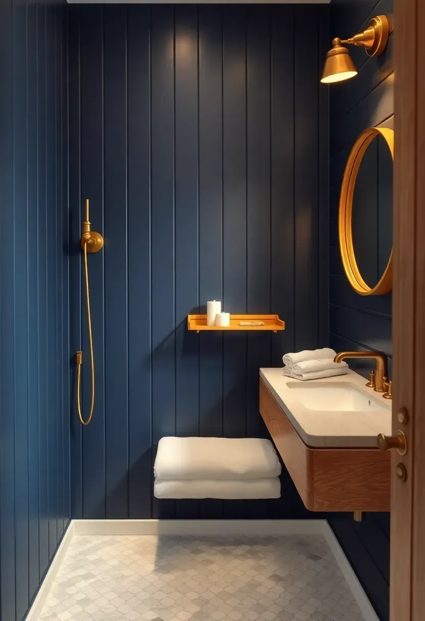 Elegant bathroom with brass fixtures and deep navy blue walls creating sophisticated atmosphere