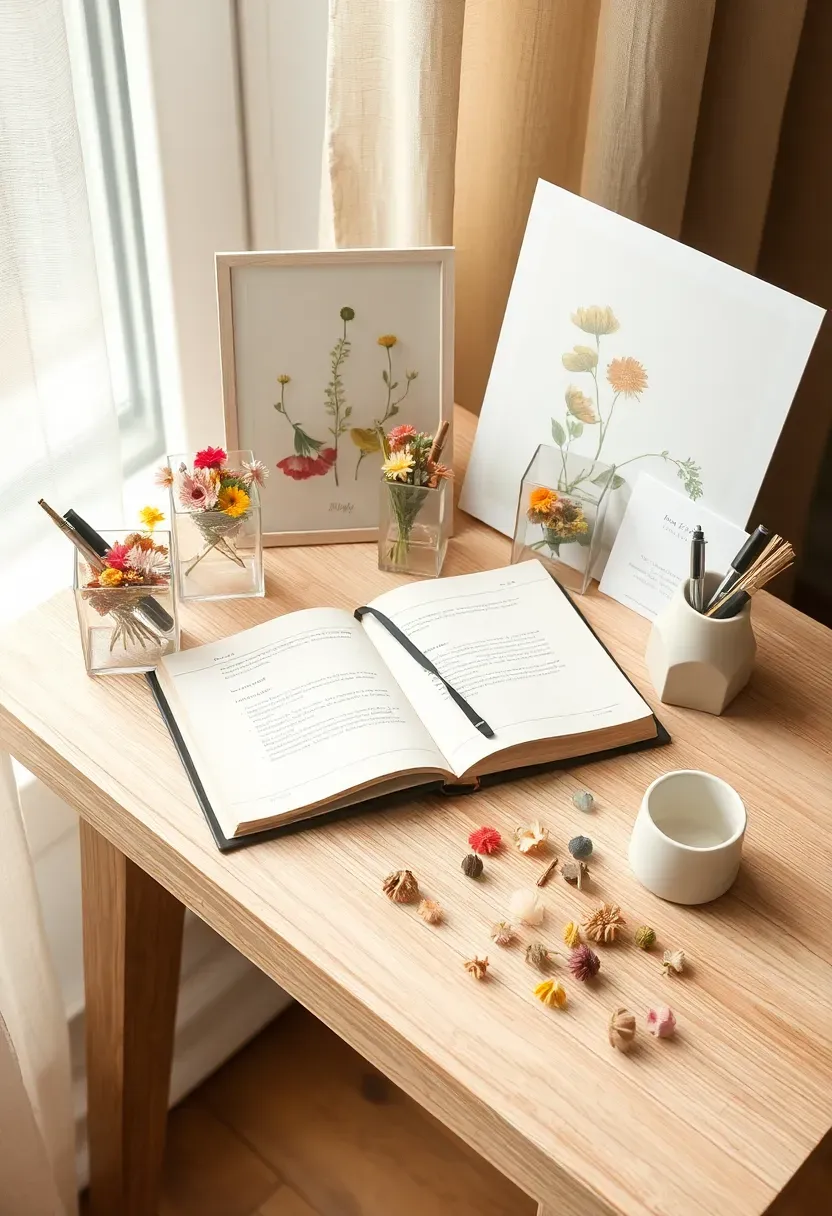 Pressed flower guest book station for baby shower with dried botanicals in glass frames and watercolor backdrop