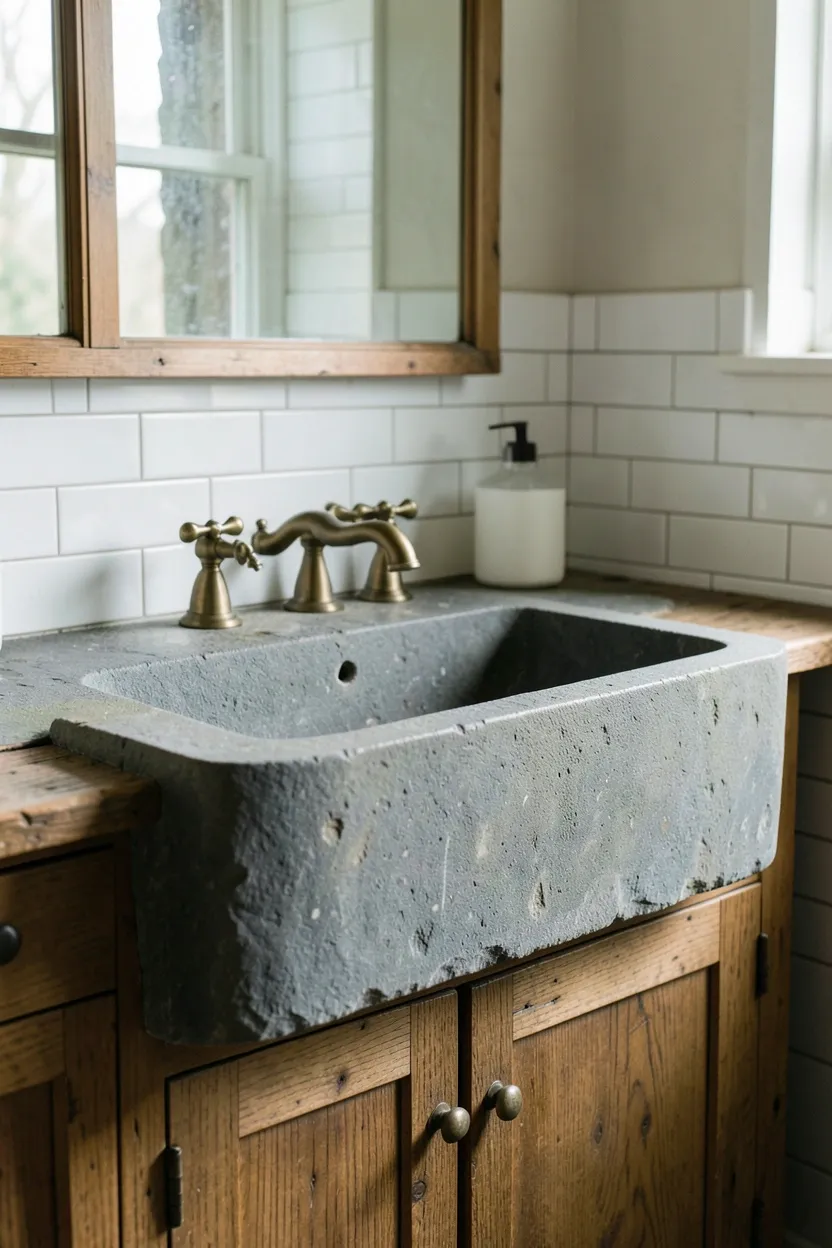 Hyper-realistic eye-level photograph of a rustic bathroom featuring natural slate stone farmhouse sink with wide apron front, aged patina, brass faucet with cross handles, wood vanity cabinet below, white subway tile walls. Natural light. Materials: natural slate stone, brass fixtures, reclaimed oak wood, white ceramic tiles. Authentic stone farmhouse sink. Rustic earthy aesthetic. No text, no logos, no watermarks.</p>
