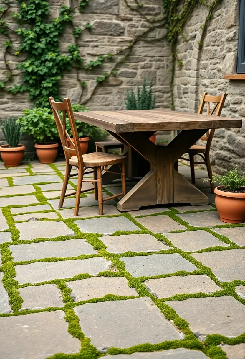 Rustic irregular flagstone patio with mossy joints, weathered wooden furniture, potted herbs, and a vine-covered stone wall backdrop