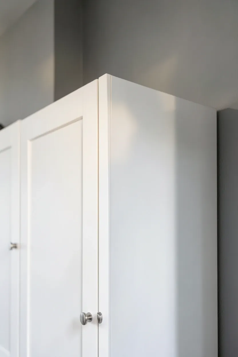 White flat-front cabinets against light gray walls with natural light flooding a modern rental kitchen