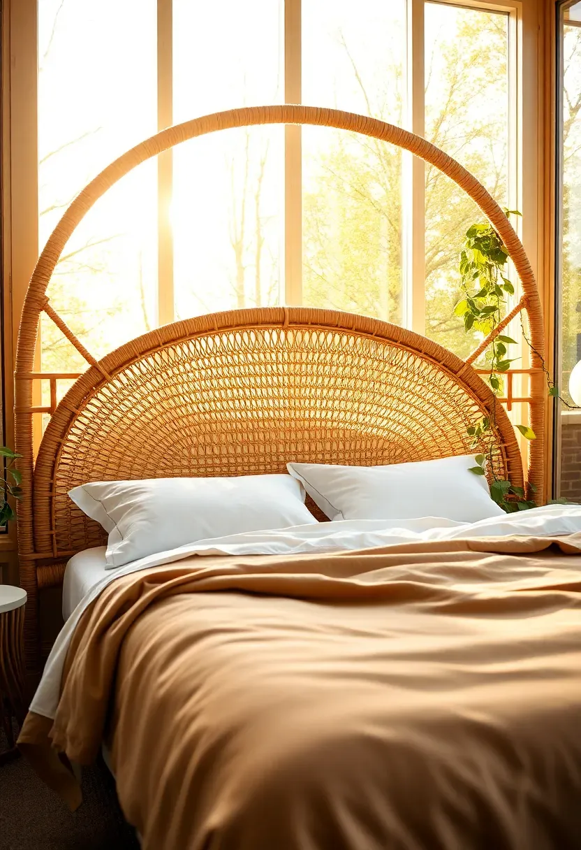Wide arched rattan headboard positioned against a sunroom glass wall, white linen pillows, warm golden light streaming through surrounding windows, trailing pothos on a nearby shelf