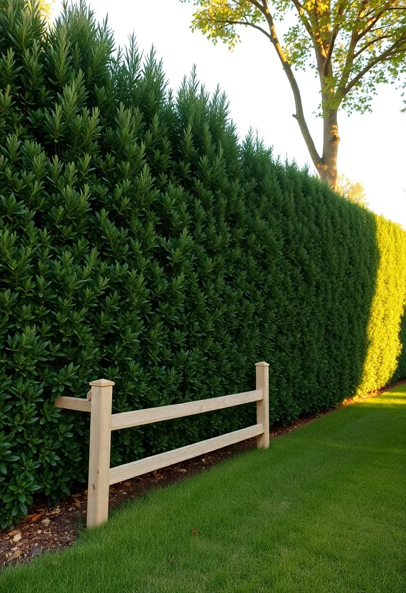Mixed hedge and fence combination with a low wooden fence backed by a tall privet hedge in a lush suburban backyard