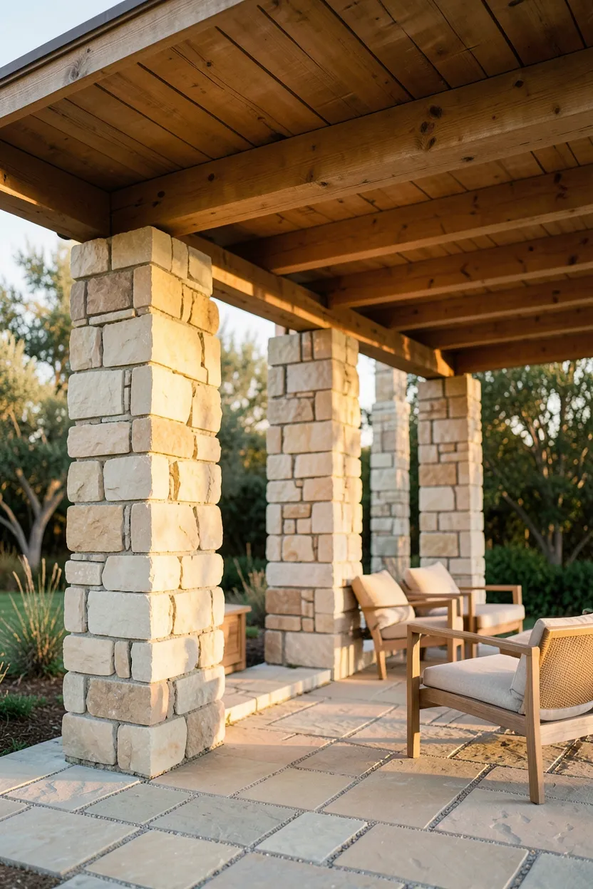 Stone and Wood Hybrid Pergola