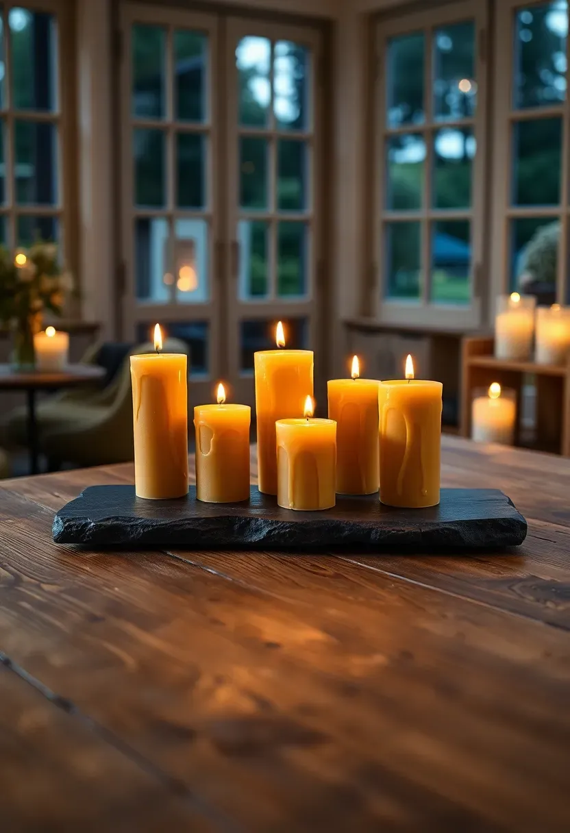Collection of beeswax pillar candles arranged on a flat stone tray atop a wooden coffee table in a sunroom with warm evening light