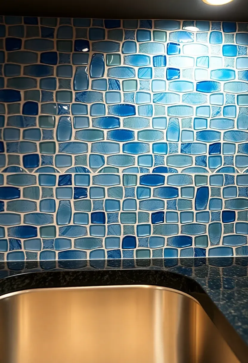 basement wet bar backsplash covered in herringbone pattern mosaic tile in shades of blue and gray with white grout