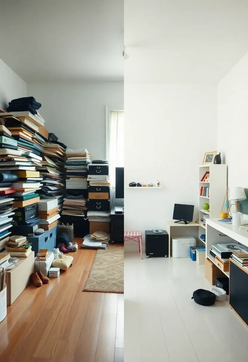 Hyper-realistic split comparison image showing psychology of accumulation. Left side: cluttered room with multiple possessions stacked, visible stress in arrangement. Right side: same room after extreme decluttering, only essentials visible, calm peaceful atmosphere. Same white walls and light floor in both, contrast purely in possession level. Natural lighting even across both sides. Psychology of ownership mood showing mental burden difference between accumulation and simplicity.</p>
