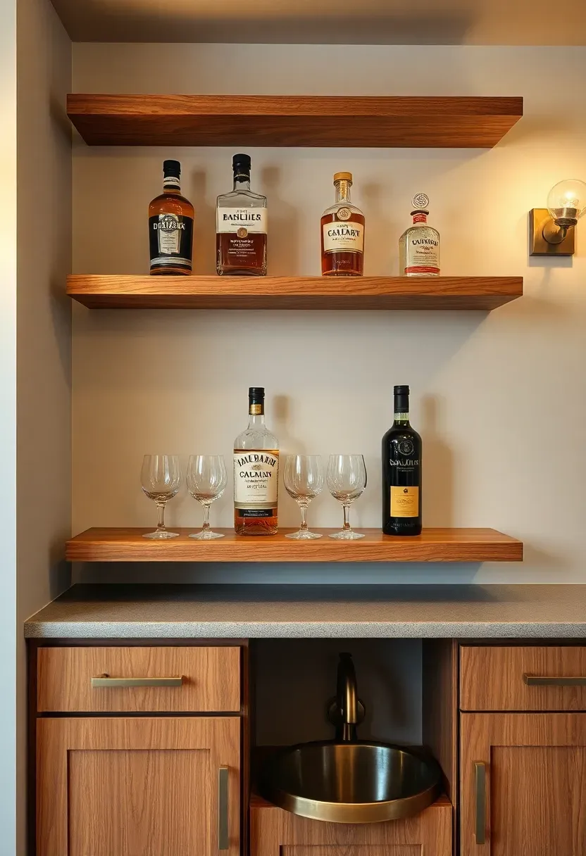 basement wet bar with open wooden shelves holding bottles and glassware with brass cabinet pulls and a small bar sink