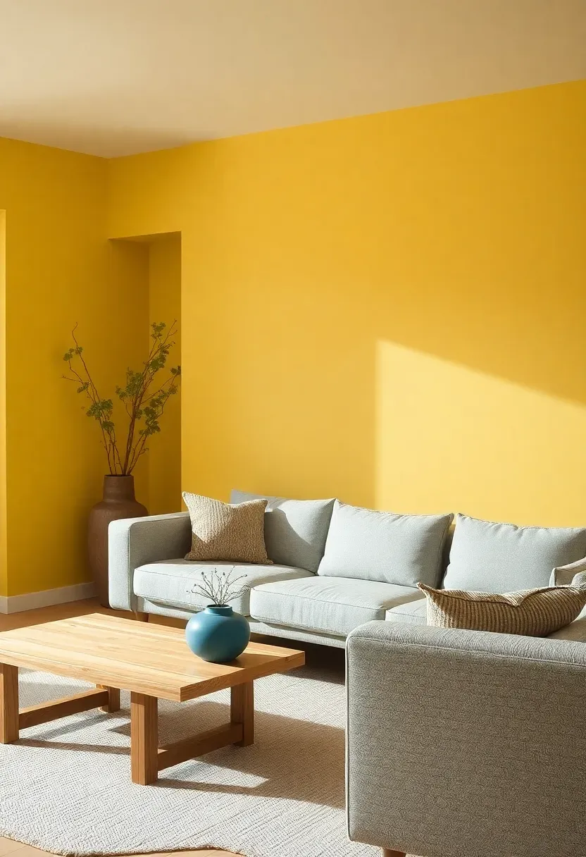 Hyper-realistic 3/4 view of a minimalist living room with butter yellow walls, light gray sofa, natural wood coffee table, blue ceramic vase. Materials: matte yellow paint, woven gray fabric, oak wood, matte ceramic. Soft diffused daylight, warm yellow shadows. Shallow depth of field, cheerful mood, minimal accessories. No text, no logos, no watermarks.</p>