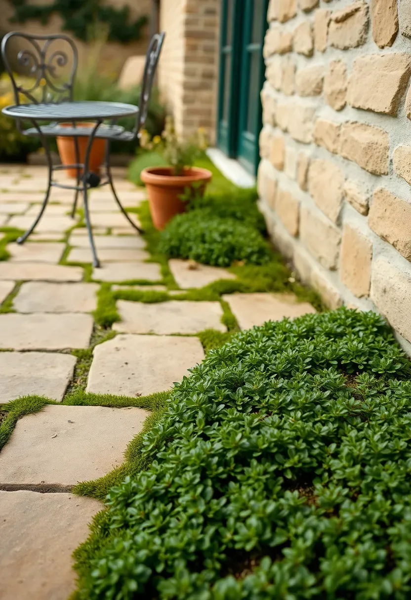 Flagstone patio with mossy groundcover joints