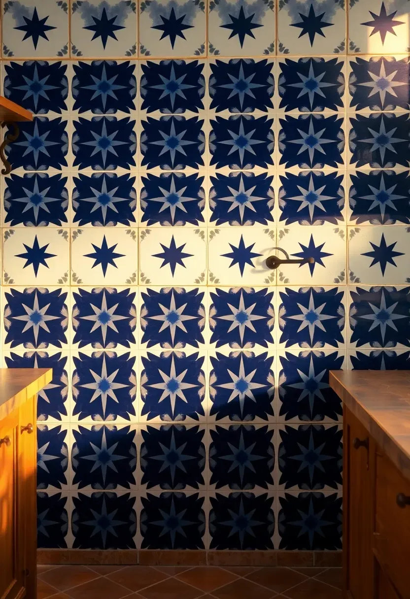 star and cross ceramic tile backsplash in deep navy blue with white crosses creating geometric pattern in Mediterranean kitchen