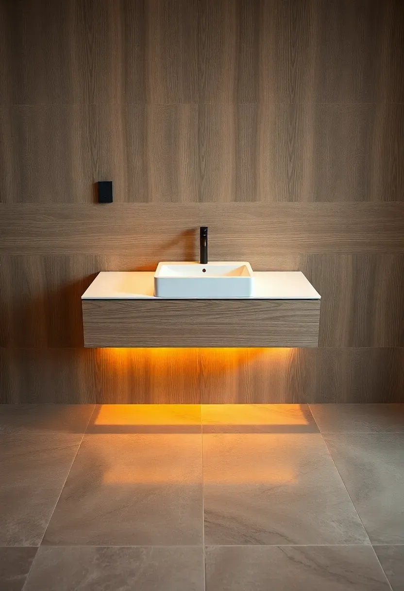 Modern bathroom with a wall-mounted floating vanity revealing open floor space beneath