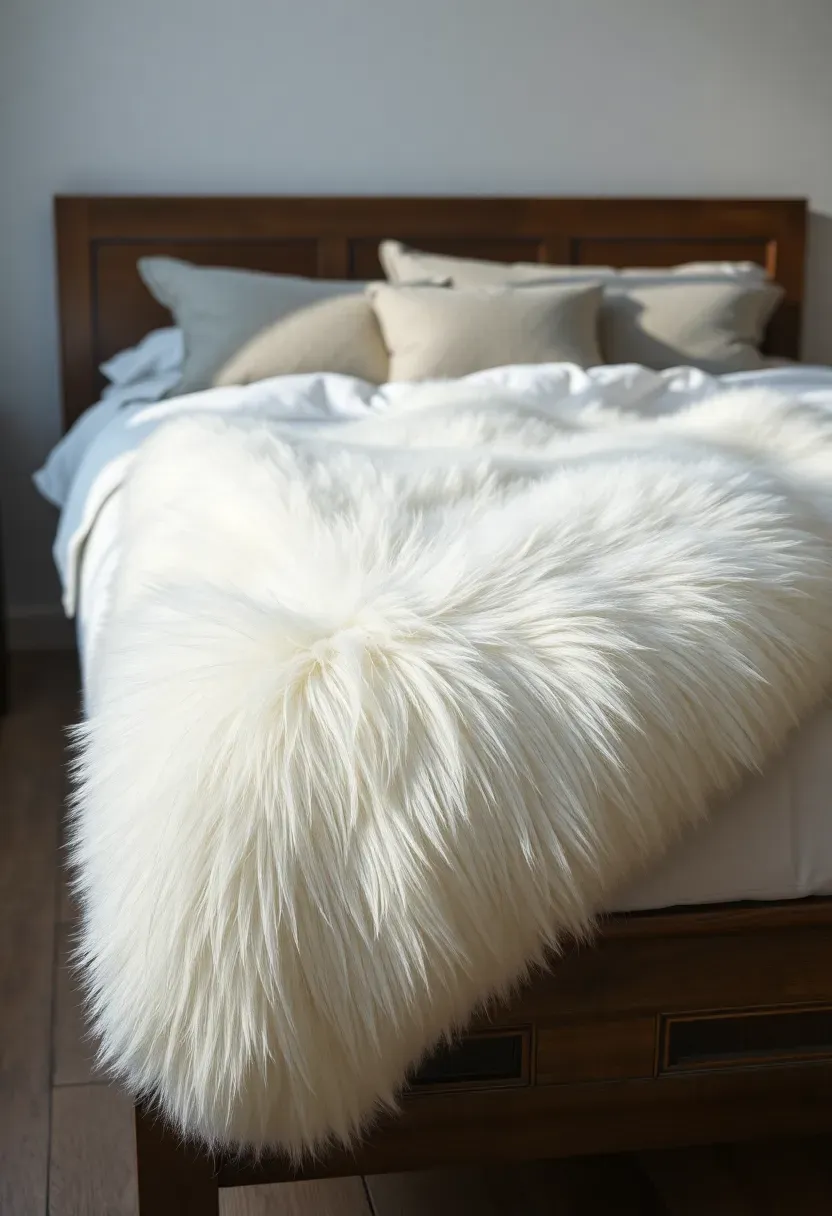 Hyper-realistic 3/4 view of bed with plush faux fur throw draped across foot. White faux fur with luxurious sheen, folded to show texture and depth. White duvet beneath, dark wood bed frame, white walls. Grey accent pillows against headboard. Materials: faux fur throw, cotton duvet, wood bed frame. Natural light from window, fur texture catching light beautifully. Winter luxury bedroom style. Shallow depth of field, sharp details on fur texture. No text, no logos, no watermarks.</p>