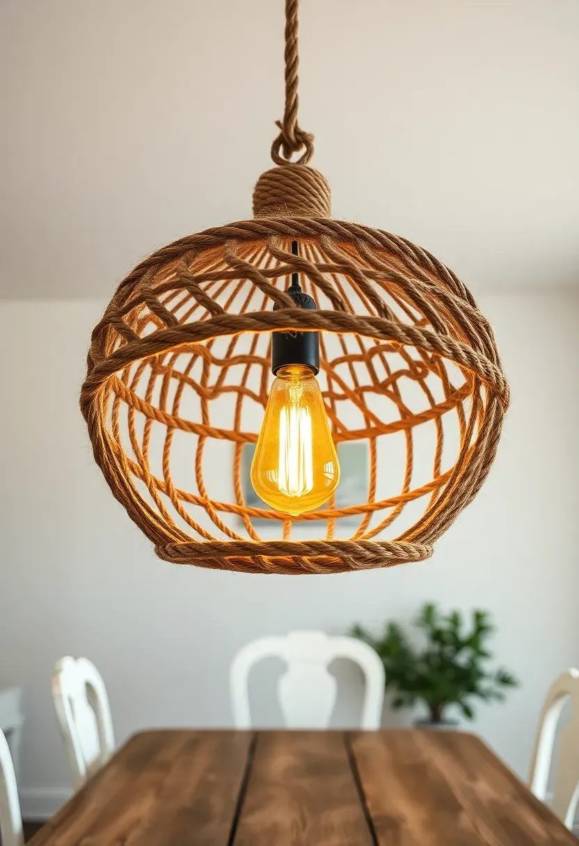 Rope-wrapped pendant light fixture with natural jute cord hanging above a shabby chic dining table with white chairs