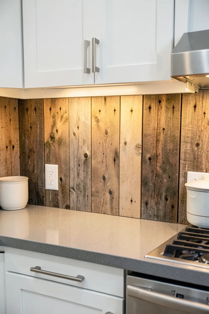 Reclaimed wood backsplash with weathered planks contrasting against crisp white kitchen cabinets — warm and rustic rental kitchen accent