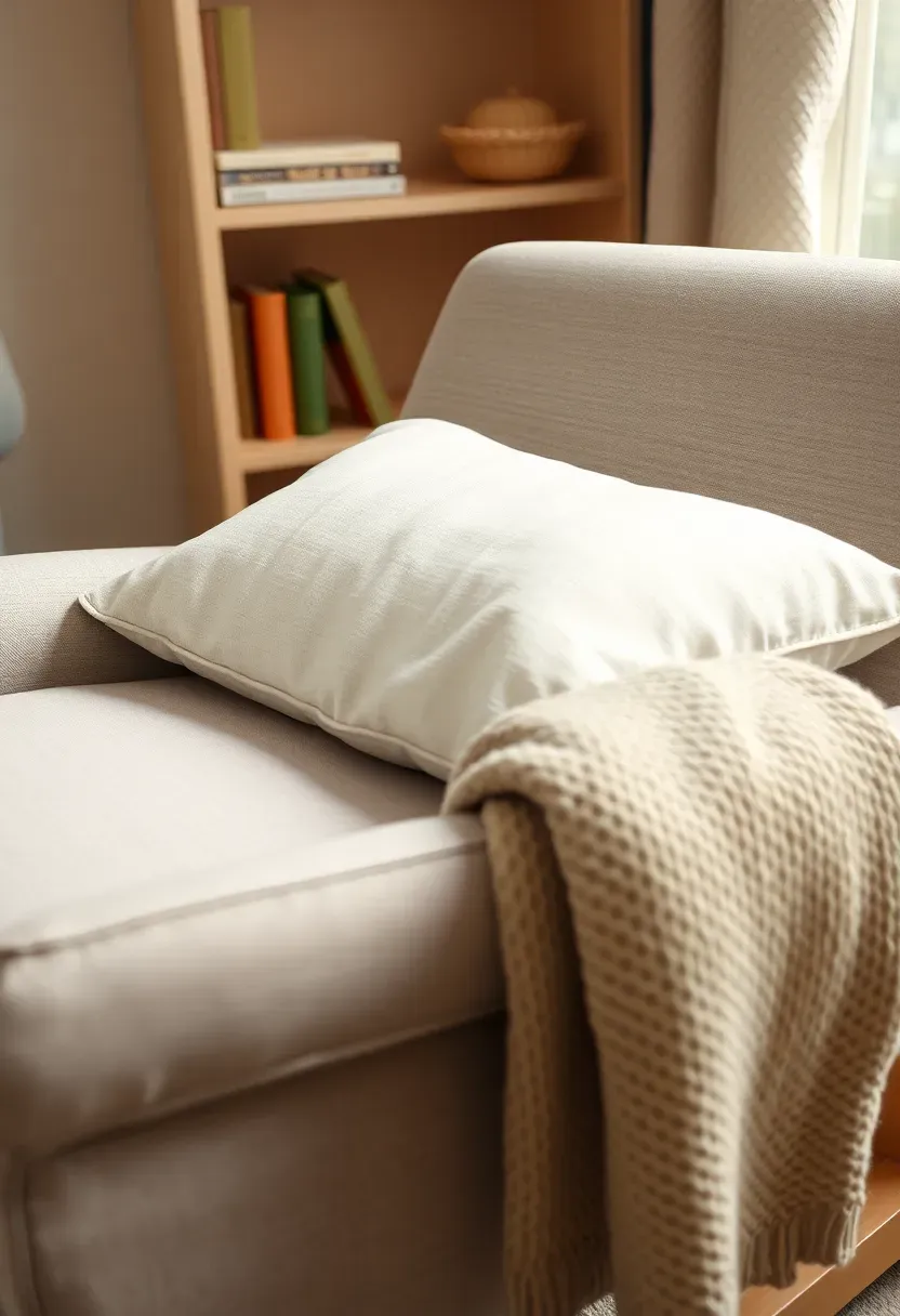 nursing pillow with removable cover in a neutral linen fabric positioned on a nursery glider chair