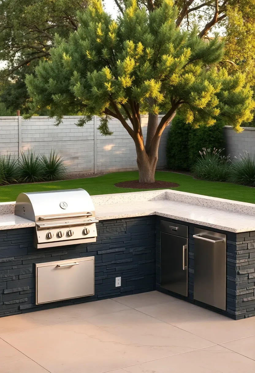 L-shaped outdoor kitchen with dark stone cladding and built-in grill at the corner angle in a landscaped backyard