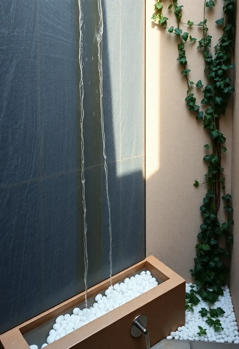 Wall-mounted slate waterfall panel in a small courtyard garden with thin water sheets running over blue-grey slate tiles into a trough planter with white pebbles and ivy