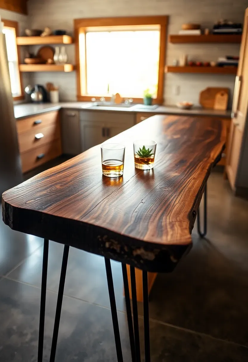 thick live edge walnut wood bar top on a kitchen peninsula in a barndominium
