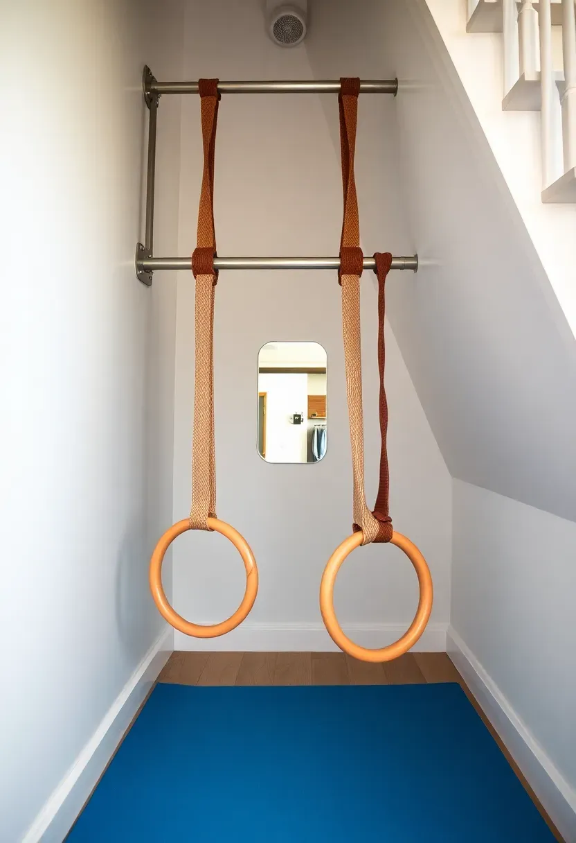 Under-staircase bodyweight training nook with pull-up bar, gymnastic rings, and mounted TRX straps in a bright hallway