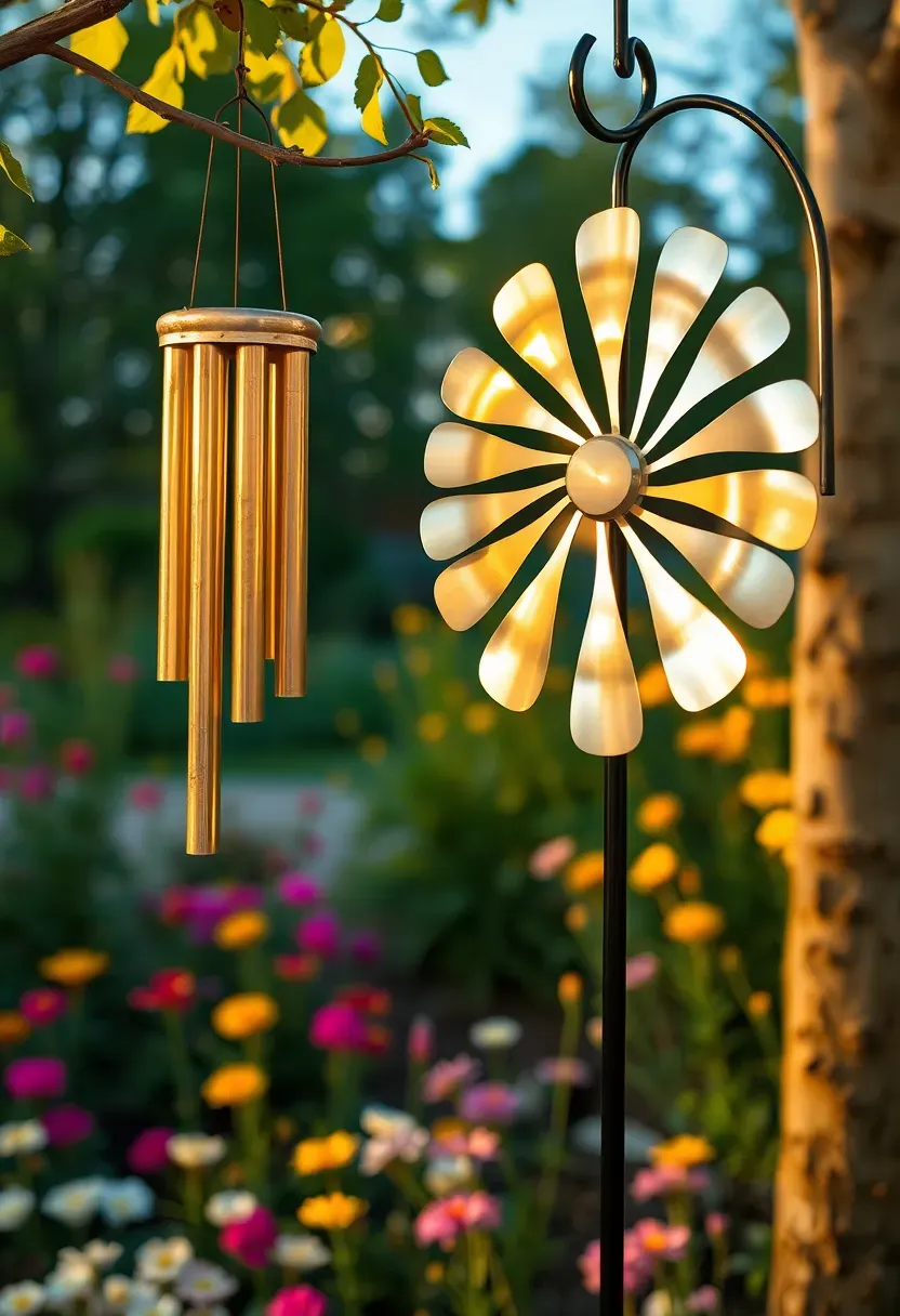 A brass wind chime and a kinetic metal garden spinner sculpture mounted on separate poles in a flower garden