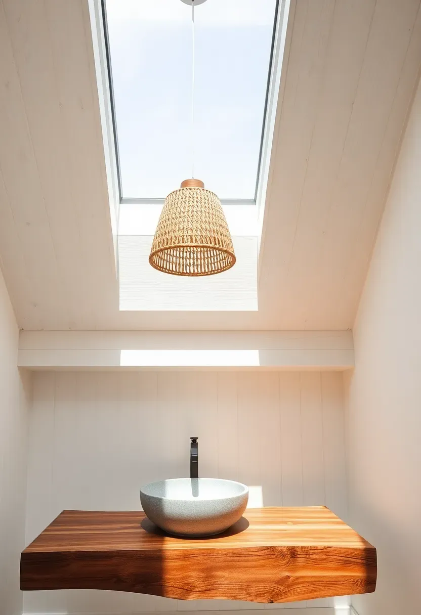 Bathroom with a sun-bleached wood plank ceiling, white walls, large skylight, stone vessel sink on a live-edge wood counter, and woven pendant light