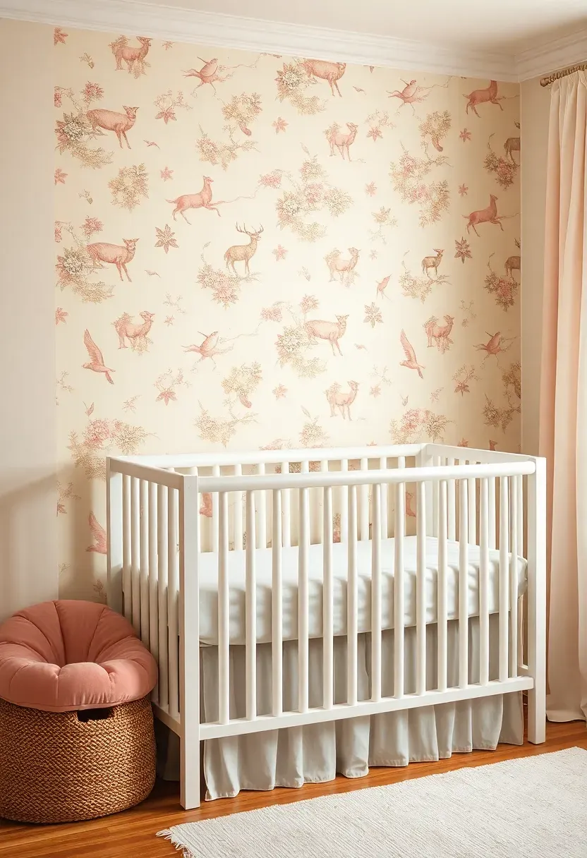 toile de jouy wallpaper in blush pink nursery for baby girl with classic French style