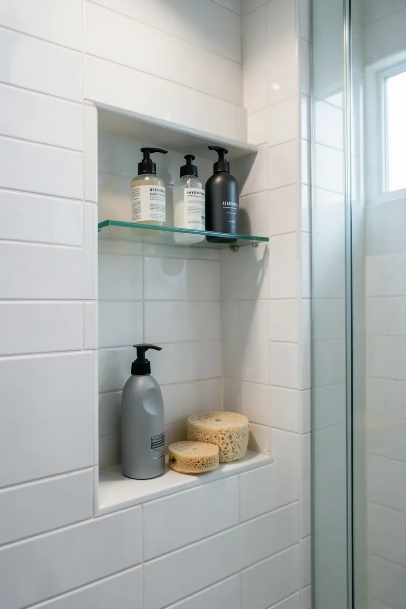 Built-in tiled shower niche with glass shelves holding bathing essentials in a small modern walk-in shower
