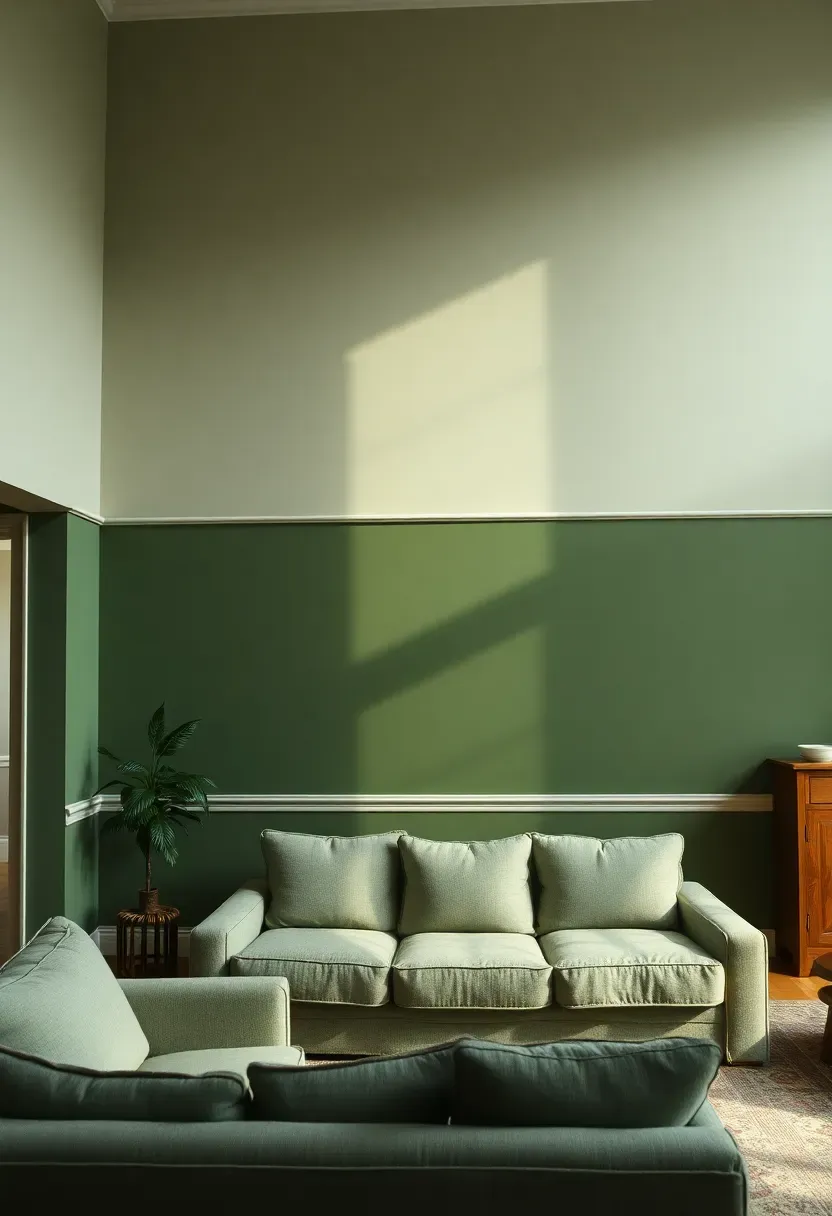 Hyper-realistic view of living room with two-tone sage green walls — light sage upper portion, dark sage lower portion with chair rail divider, sage sofa, oak furniture. Materials: two shades of sage green paint with crisp chair rail separation, oak wood. Natural light, sophisticated monochromatic mood. Architectural color treatment as design feature, shallow depth of field, no text, no logos.</p>