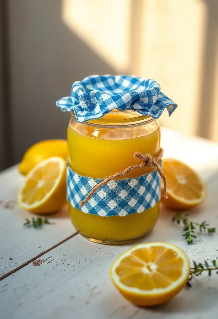 small glass jar of bright yellow lemon curd with a gingham fabric cover tied with twine
